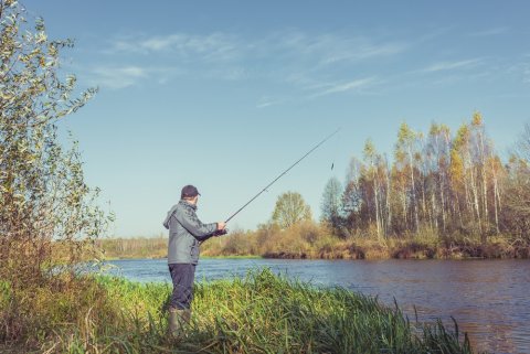 An angler bank fishing for bass.