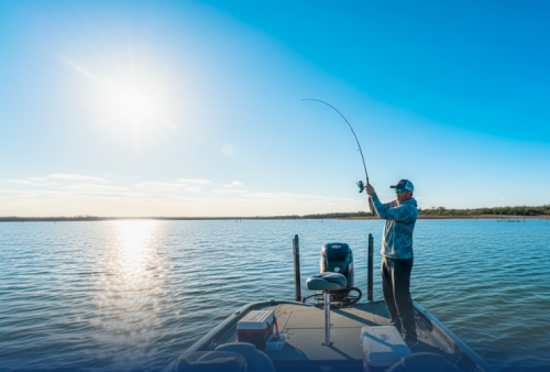 A bass angler fishing for largemouth bass on a lake who has Progressive boat insurance