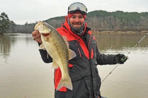 Winter jig fishing for bass.