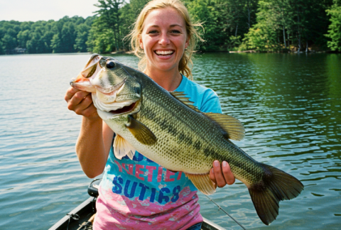 woman-on-a-lake-holding-a-largemouth-bass-she-caught